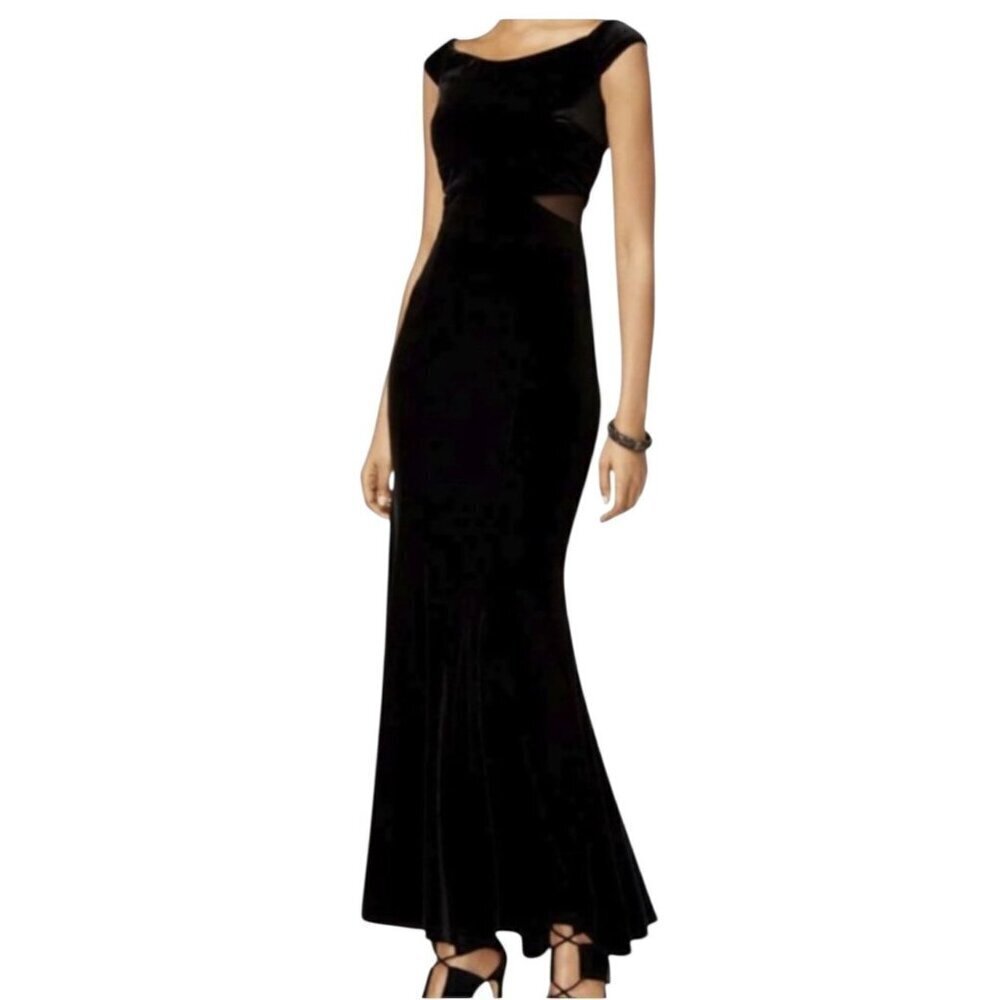Xscape Black Velvet Cap-Sleeve Maxi Dress